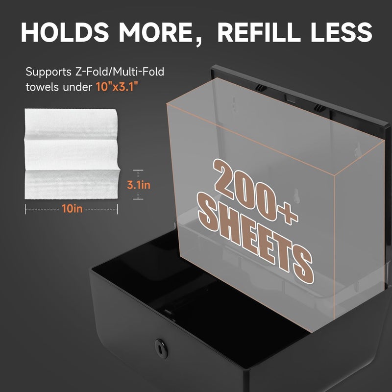 anydry 200-Sheet Wall-Mounted Paper Towel Dispenser, Fits Multi-Fold Towels up to 10x3.1 Inches, Perfect for Home & Business (Black) - Image 2